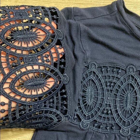 LOFT Navy Crochet Lace Yoke Short Sleeve Blouse XS Boho Feminine Top - Picture 7 of 12